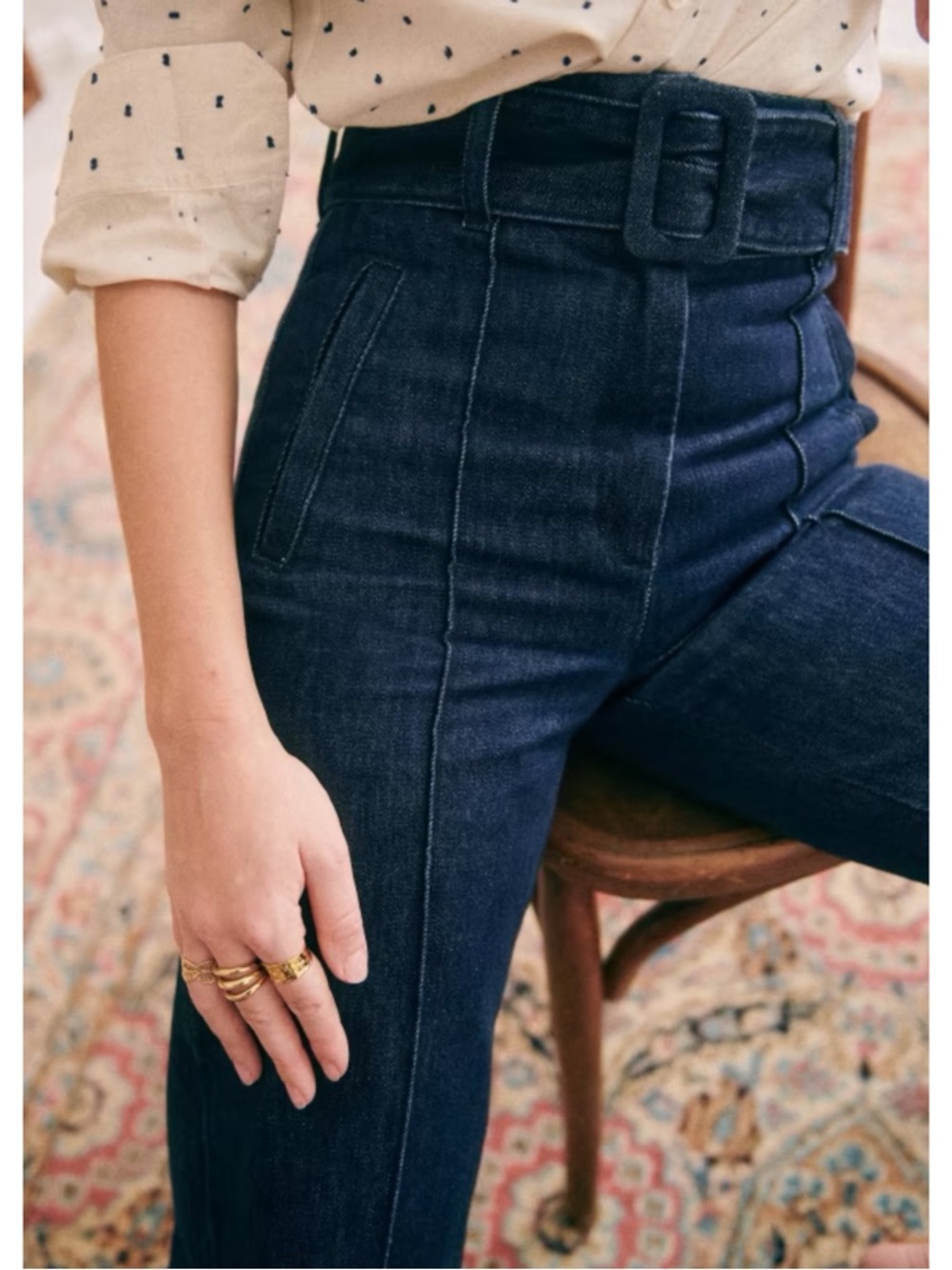 SEZANE NWT Dark Blue High Rise Belted Seamed Wide Leg Lukas Denim Trousers Jeans